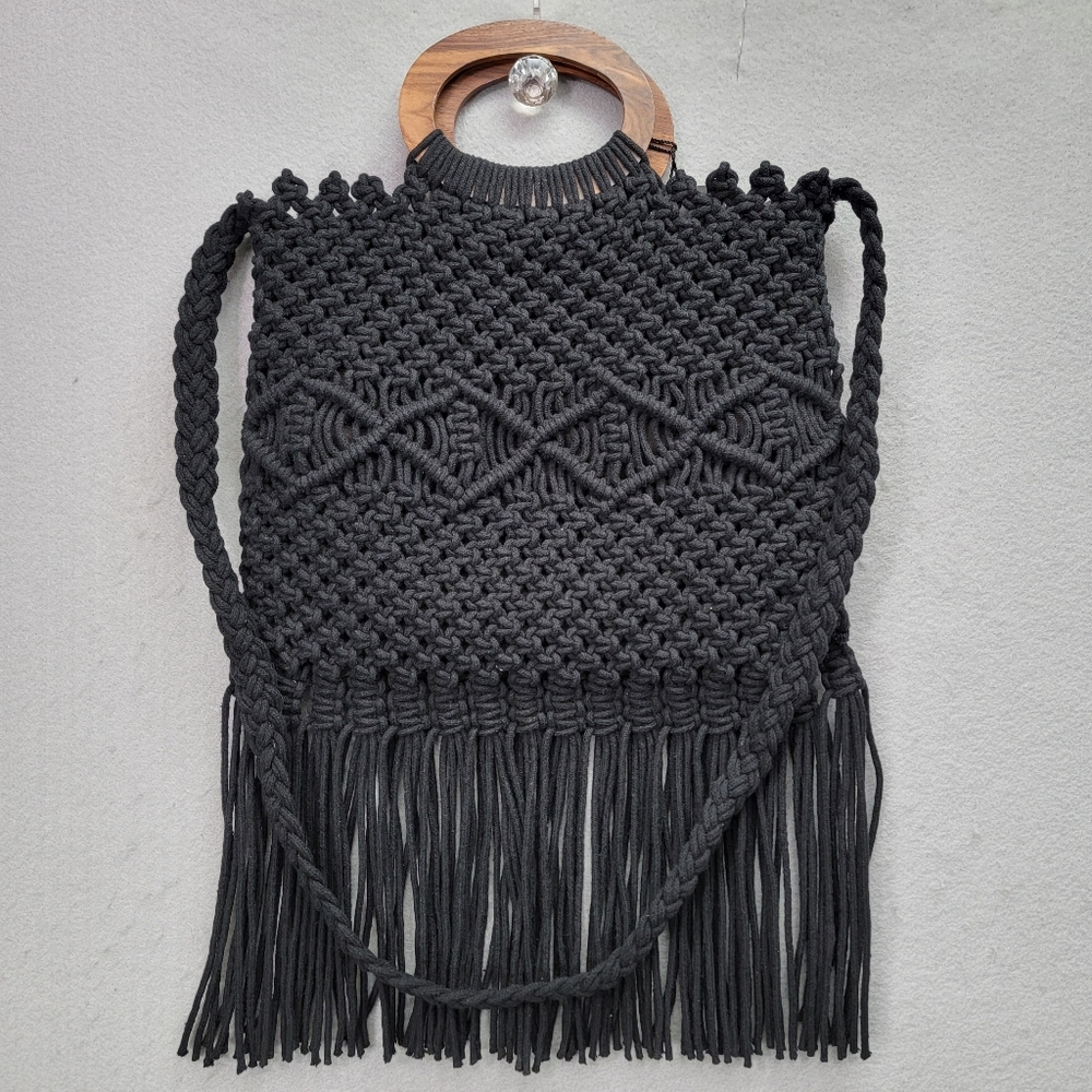 DANIELLE NICOLE BLACK MACRAMÉ FRINGE BAG, NWT - Picture 2 of 8